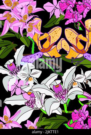Motif sans couture avec fleurs colorées sur fond noir Banque D'Images