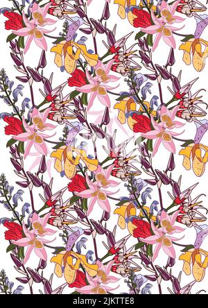 A seamless pattern with colorful flowers on white background Stock Photo