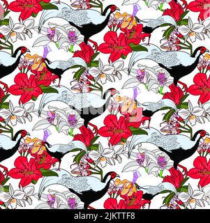 A seamless pattern with pheasant birds and colorful flowers on white background Stock Photo