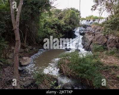 A beautiful landscape view of a waterfall and a creek flowing on rocks among green plants in daylight in Kenya Stock Photo