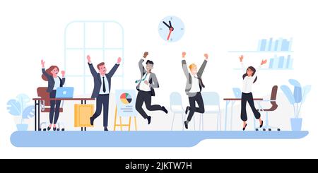Des gens d'affaires heureux. Des hommes et des femmes joyeux qui sautent au bureau. Les employés travaillent avec succès. Victoire de l'équipe des travailleurs. Les hommes d'affaires célèbrent leurs réalisations Illustration de Vecteur