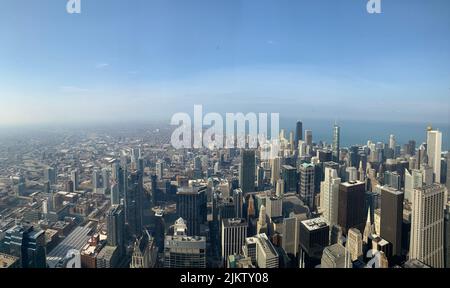 An aerial city view from Skydeck of buildings and skyscapers in Chicago with lake Michigan in the background Stock Photo