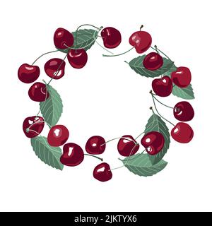 Composition circulaire avec fruits de cerise. Cadre en forme de couronne de baies, arrière-plan d'été tendance avec cerises et feuilles. Illustration vectorielle isolée sur blanc Illustration de Vecteur