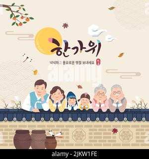 Design de l'événement de Thanksgiving coréen. Grande famille à hanbok, clôture traditionnelle, joyeuses vacances. Thanksgiving, Happy Holidays, traduction coréenne. Illustration de Vecteur
