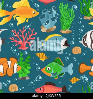 Motif poisson aquarium sans coutures. Créatures sous-marines colorées. Natation animaux. Faune tropicale marine. Habitants décoratifs nautiques. Algues et Illustration de Vecteur