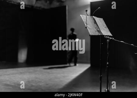 A greyscale shot of sheet of note in a hall Stock Photo