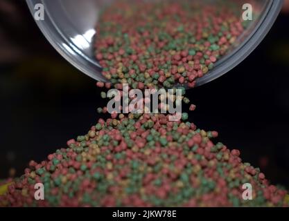 Tas de granules de nourriture de poisson de couleur sur fond blanc. Banque D'Images