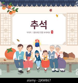 Design coréen de Thanksgiving. Une grande famille à hanbok est assise dans un hanok traditionnel. Thanksgiving, Happy Holidays, traduction coréenne. Illustration de Vecteur