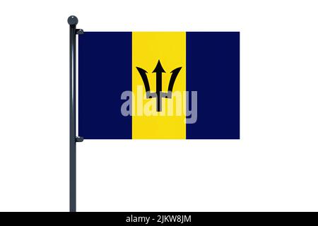 3D illustration du drapeau de la Barbade avec mât de pavillon chromé avec crochets à pression dans le ciel bleu droit. Fond blanc via un canal alpha de grand precisi Banque D'Images