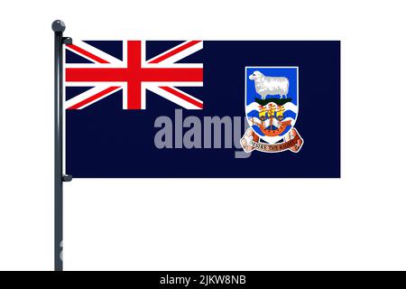 3D illustration du drapeau des îles Falkland (Malvinas) avec mât de drapeau chromé avec crochets à pression dans le ciel bleu droit. Fond blanc via un canal alpha Banque D'Images