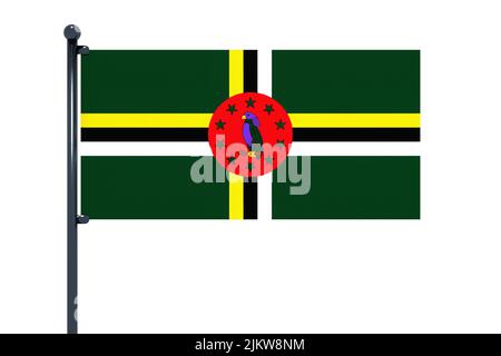 3D illustration du drapeau de la Dominique avec mât de drapeau chromé avec crochets à pression dans le ciel bleu droit. Fond blanc via un canal alpha de grand precisi Banque D'Images