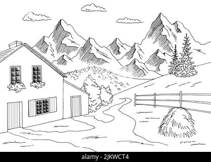 Village montagne graphique noir blanc paysage rural esquisse illustration vecteur Illustration de Vecteur