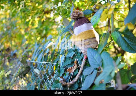 Un bonnet tricoté avec pompon sur une clôture en maille de fils Banque D'Images