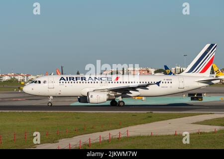 The Airbus A320-214 plane of the Air France airline starting takeoff at Lisbon airport Stock Photo