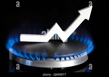 Prix du propane. Les chaînes d'approvisionnement et la crise du gaz énergétique. Le concept d'importation et d'exportation de gaz, de transit. Cuisinière à gaz avec flamme brûlante et graphique Banque D'Images