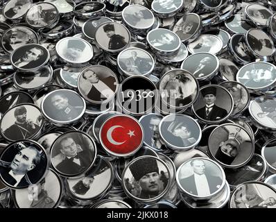 Gros plan d'un drapeau de la Turquie et des icônes Mustafa Kemal Ataturk en niveaux de gris Banque D'Images