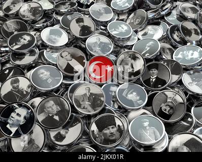 Gros plan d'un drapeau de la Turquie et des icônes Mustafa Kemal Ataturk en niveaux de gris Banque D'Images