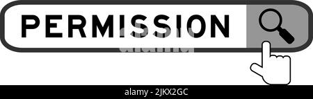 Recherchez la bannière dans la permission de mot avec la main sur l'icône de loupe sur fond blanc Illustration de Vecteur