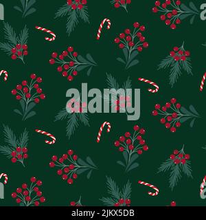 Motif de branches et baies de Noël sans coutures. Motif papier d'emballage vert pour les vacances d'hiver Illustration de Vecteur