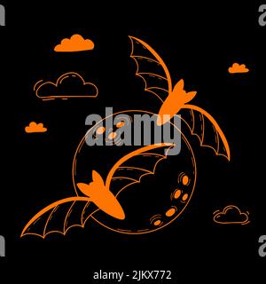 Chauves-souris, pleine lune et nuages. Nuit mystique effrayante animaux Halloween vacances. Illustration vectorielle. Dessin à la main linéaire décoratif pour le design de vacances, de Illustration de Vecteur