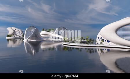 3D illustration d'un horizon urbain futuriste, avec des structures organiques, pour les milieux architecturaux de science-fiction. Banque D'Images