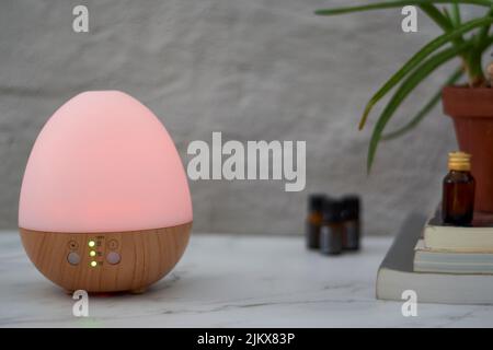 Une lampe d'humidificateur en forme d'œuf sur la table en bois contre un mur Banque D'Images