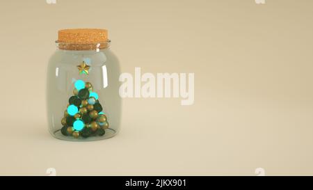 Un petit arbre de Noël à l'intérieur d'un pot en verre avec un espace pour le texte isolé sur un fond rose Banque D'Images