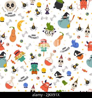 Motif sans couture avec attributs de dessin animé pour Halloween. Imprimé Helloween coloré avec articles effrayants pour les fêtes. Illustration de Vecteur