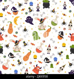 Motif sans couture avec attributs de dessin animé pour Halloween. Imprimé Helloween coloré avec articles effrayants pour les fêtes. Illustration de Vecteur