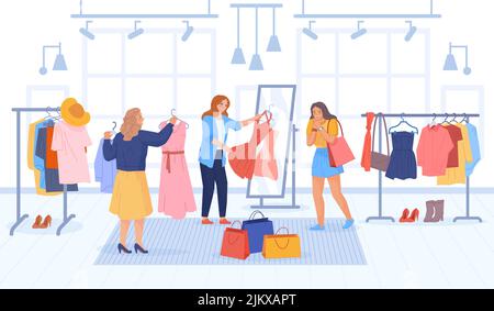 Échanger la partie. Échange de vêtements, échange de vêtements de mode entre amis, robe tendance changement de femme ou armoire d'accessoires, vente tissu éco-tissu économique de charité, illustration de vecteur swanky Illustration de Vecteur