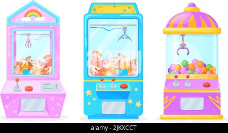 Machines à pince. Distributeur automatique griffe pour jouets à saisir poupée ou cadeau peluche ours boule, arcade jeu de loisirs jeu de jeu d'armes de foire amusant sur la grue joystick, dessin animé vecteur illustration de jeu de distributeur automatique de la pince Illustration de Vecteur