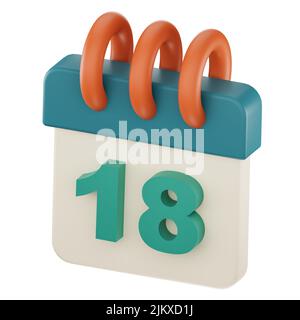 Icône de plan de calendrier quotidien avec numéro ''18'' isolé, rendu 3D, illustration 3D. Banque D'Images