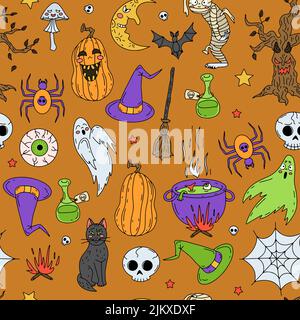 Motif sans couture Halloween sur fond orange. Illustration de Vecteur