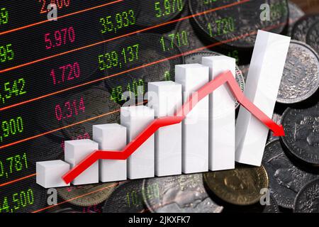 Graphique de l'économie : flèche vers le bas, pièces de franc suisse et indicateurs boursiers Banque D'Images