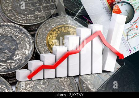 Graphique de l'économie : flèche vers le bas, pièces de franc suisse et indicateurs boursiers Banque D'Images