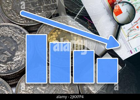 Graphique de l'économie : flèche vers le bas, pièces de franc suisse et indicateurs boursiers Banque D'Images