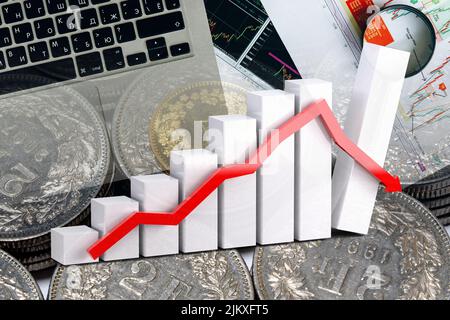 Graphique de l'économie : flèche vers le bas, pièces de franc suisse et indicateurs boursiers Banque D'Images