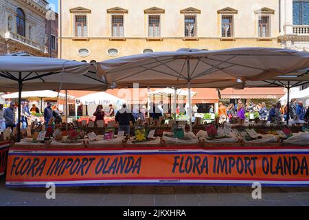 VICENZA, ITALIE -14 avril 2022- vue sur le marché annuel des fleurs en avril à Vicenza, Vénétie, Italie, site classé au patrimoine mondial de l'UNESCO. Banque D'Images