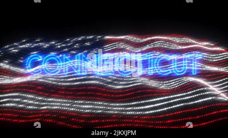 A waving flag of the USA with blue neon letters saying Connecticut over a black background Banque D'Images
