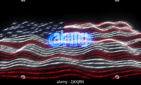 An illustration design of OHIO state in neon letters with a dark background over the US waving flag Stock Photo