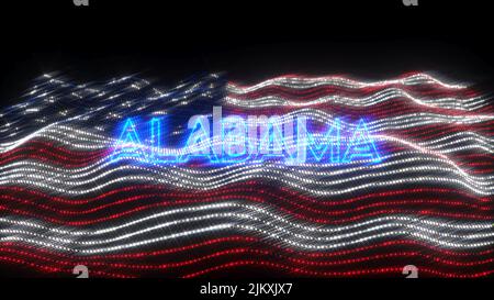 A 3d rendering of US state Alabama in neon letters with a dark background over the US waving flag Stock Photo