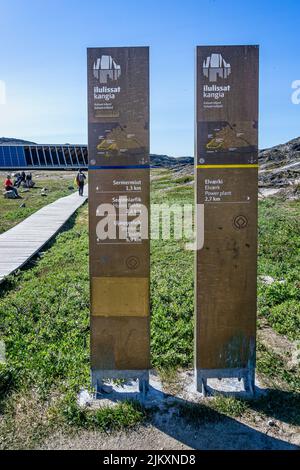 Panneau d'entrée au Ilulissat icefjord - site du patrimoine mondial à Ilulissat, Groenland, le 17 juillet 2022 Banque D'Images