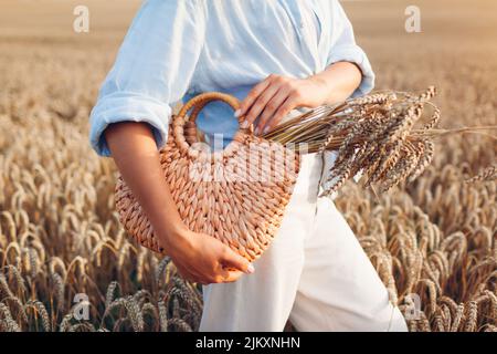 Gros plan du sac à main de paille rempli de blé. Femme tenant un sac à main d'été avec un paquet de blé dans le champ au coucher du soleil Banque D'Images