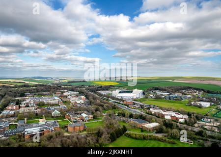 University of Sussex on the left, American Express Community Stadium and University of Brighton on the right, background is South Downs national park. Stock Photo