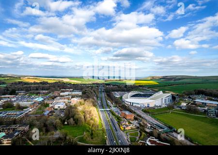Sussex University on the left, American Express Community Stadium and Brighton University on the right, and a27 in the middle Stock Photo