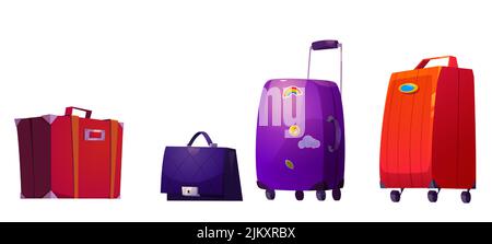 Valises, bagages de voyage, bagages et sacs. Divers accessoires modernes ou vintage pour les touristes, les vacances et les vacances, sac à main ou porte-documents pour femmes, illustration vectorielle isolée de dessin animé, ensemble d'icônes Illustration de Vecteur