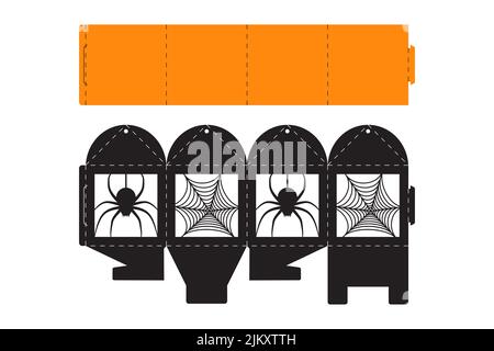 Boîte à friandises Joyeux Halloween. Coffret cadeau de faveur pour bonbons, bonbons, petits cadeaux, boulangerie. Modèle de découpe d'emballage simple pour découpe au laser, grand de Illustration de Vecteur