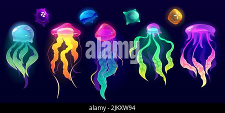 Méduses animaux sous-marins, méduses colorés poissons marins créatures de l'océan profond avec de longs tentacules toxiques ensemble isolé. Faune aquatique tropicale de medusa, belle vie marine, illustration vectorielle de dessin animé Illustration de Vecteur