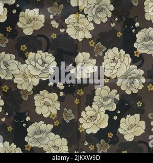 A closeup shot of a cat Japanese cotton black-brown earth tone floral fabric - perfect for wallpapers Banque D'Images