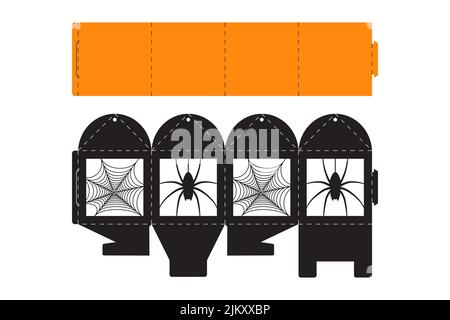 Boîte à friandises Joyeux Halloween. Coffret cadeau de faveur pour bonbons, bonbons, petits cadeaux, boulangerie. Modèle de découpe d'emballage simple pour découpe au laser, grand de Illustration de Vecteur